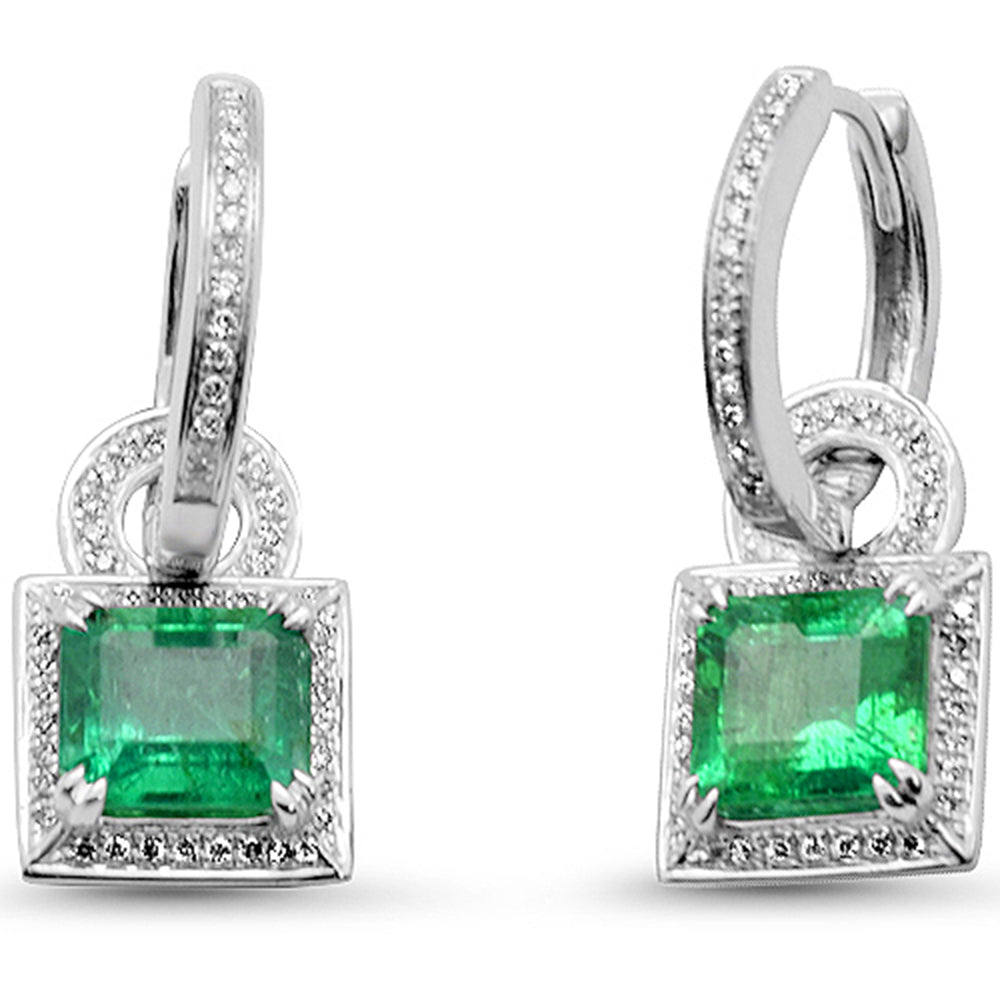 Natural Emerald & Diamond Hoop Drop Earrings - 14K White Gold