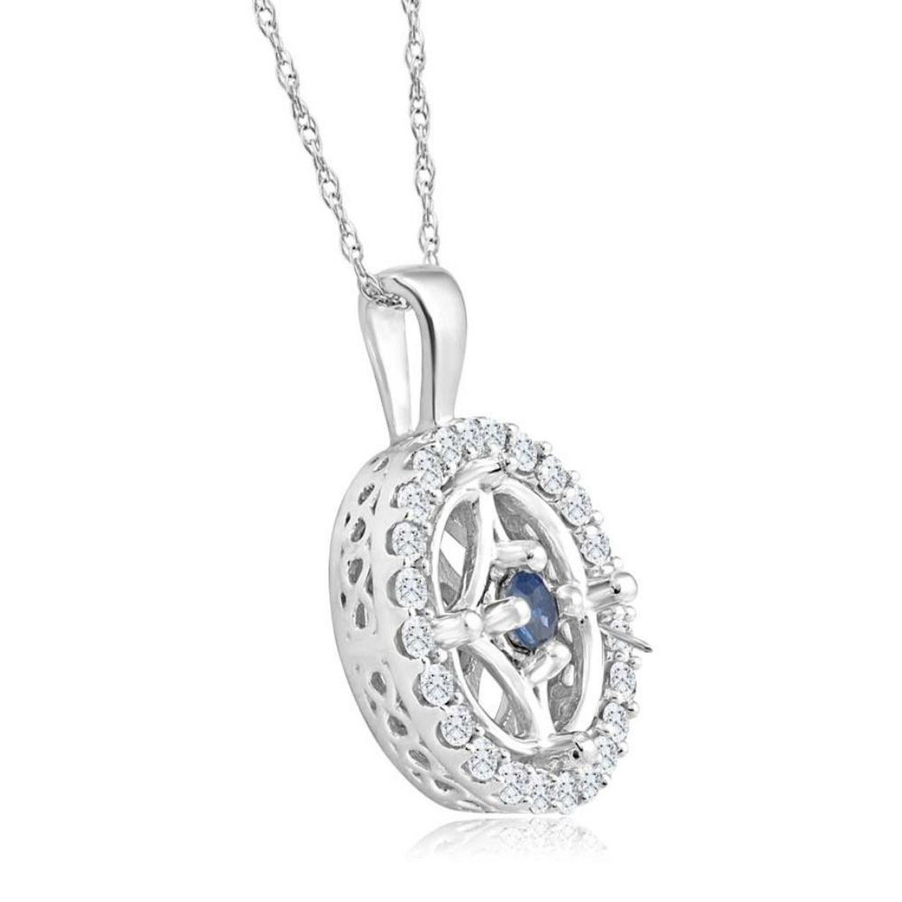 Central Blue Sapphire & Diamond Circle Pendant Necklace 18" - 10 White Gold