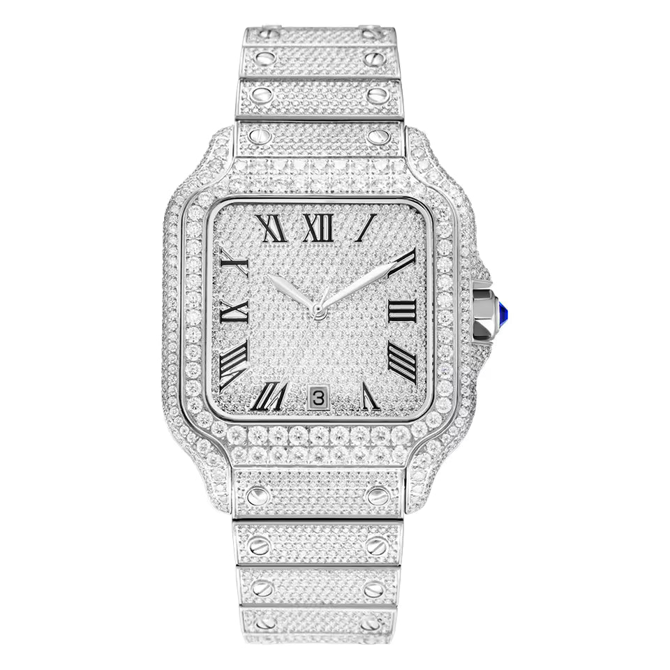 Full Bust Down VVS1 Roman Dial Moissanite Automatic Watch – Stainless Steel & Sapphire Crystal