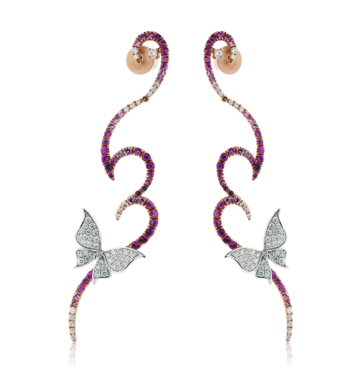 Connoisseurs Delight Pink Sapphire & Diamond Dangle Butterfly Earrings -18K White Gold