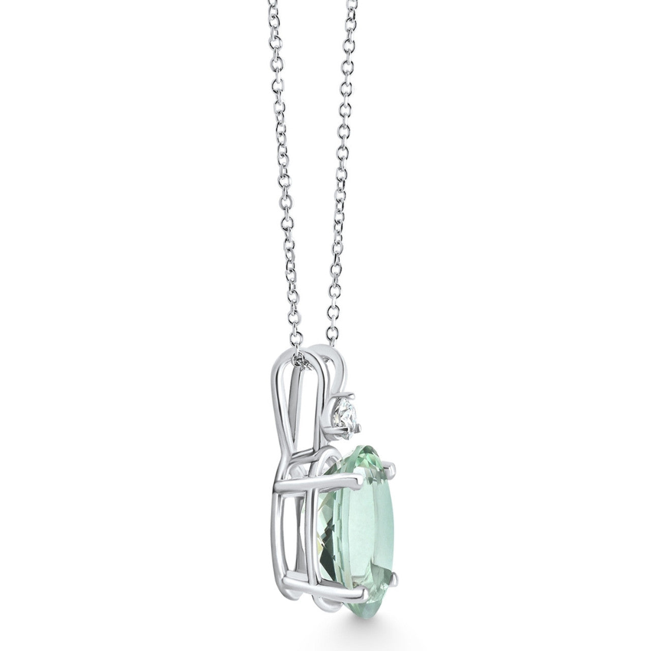 Oval Green Amethyst & Natural Diamond Pendant Necklace 18" - 10K White Gold