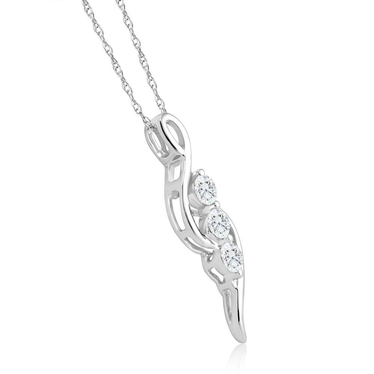Three-Stone Pendant Treble Clef Diamond Pendant Necklace - 10K White Gold