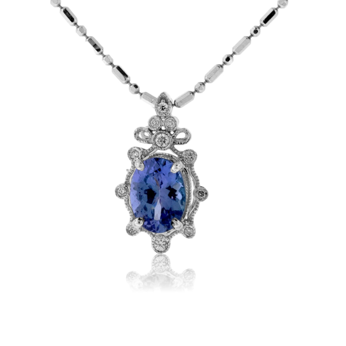 Vintage Style Tanzanite & Diamond Pendant Necklace - 14K White Gold