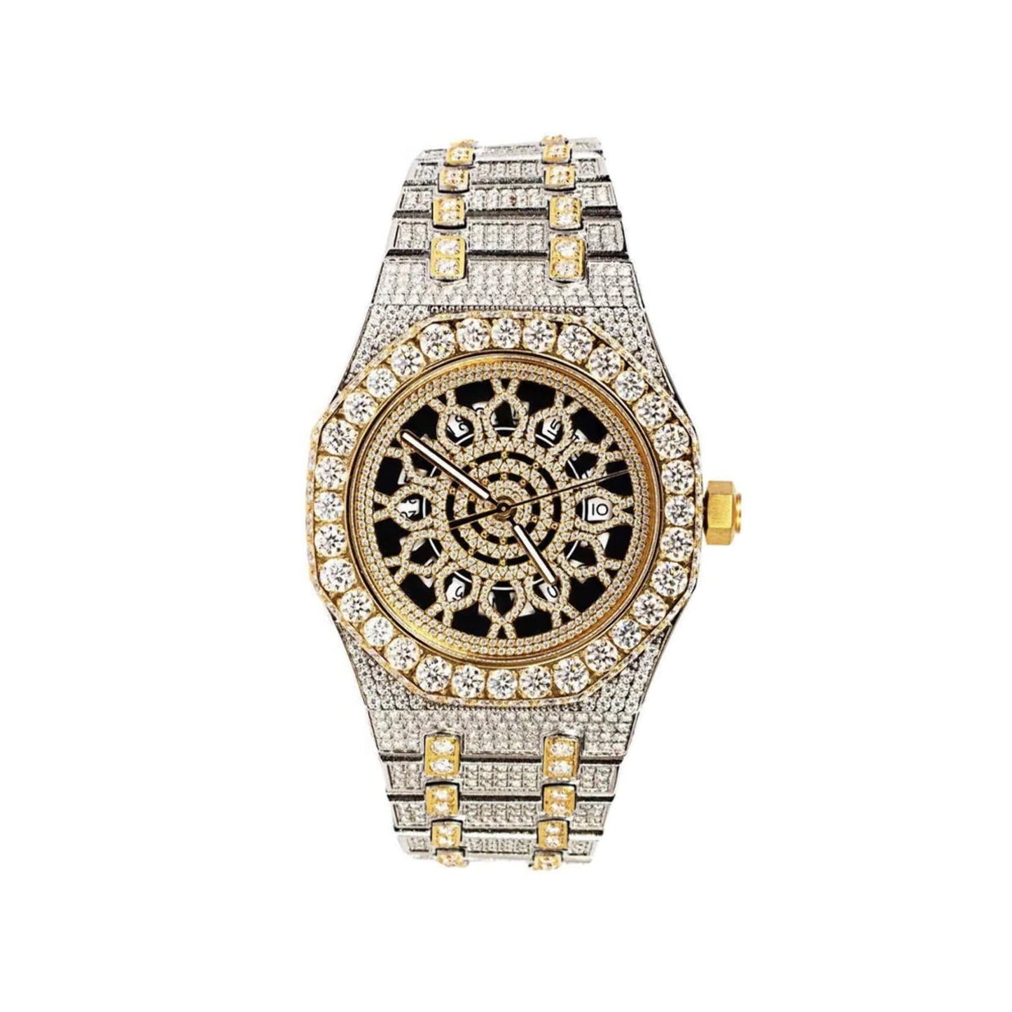 14K Two Tone Yellow Gold Stainless Steel 41MM Moissanite Skeleton Dial Men's Octagon Shape Designer Watch