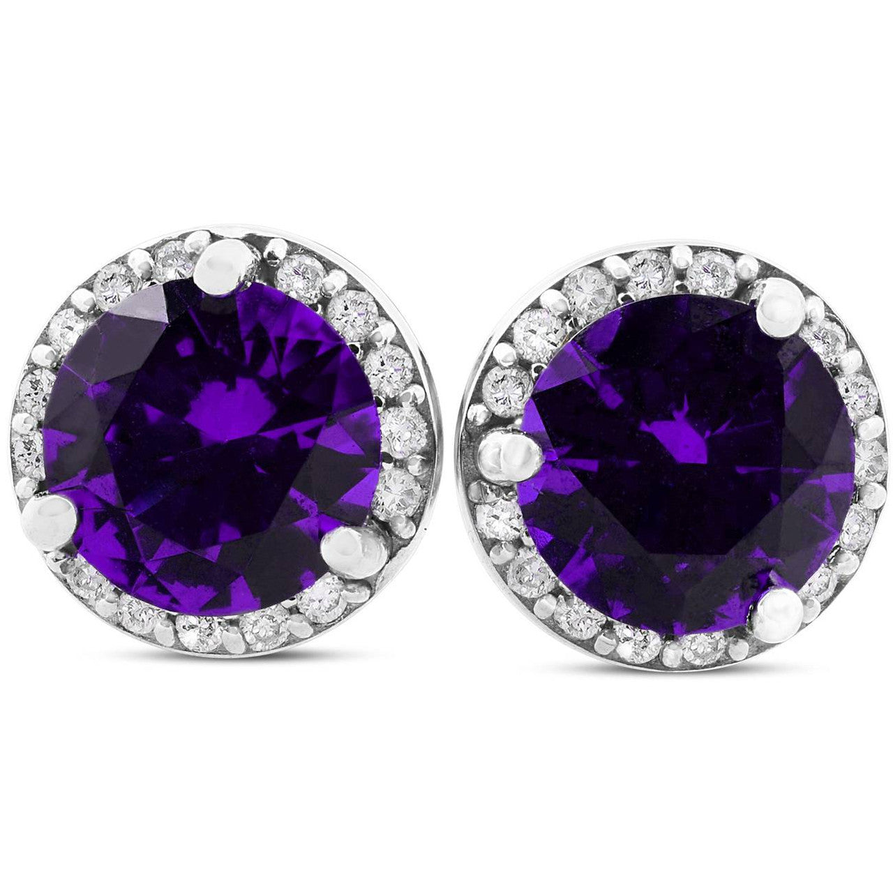 Amethyst Diamond Halo Earrings - 10K White Gold