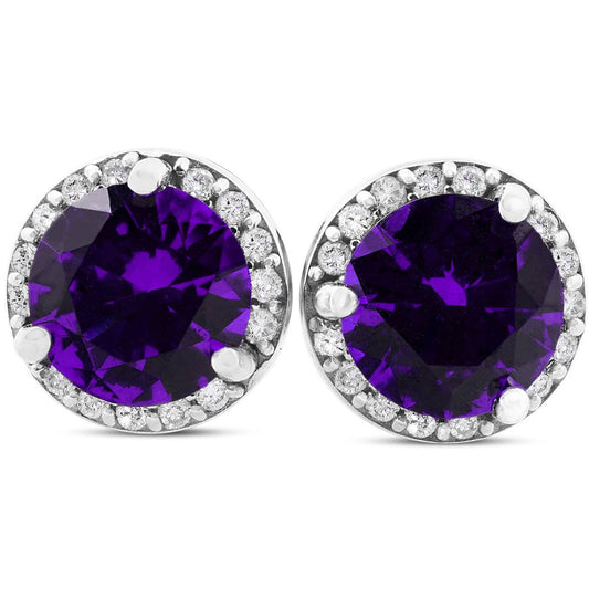 Amethyst Diamond Halo Earrings - 10K White Gold