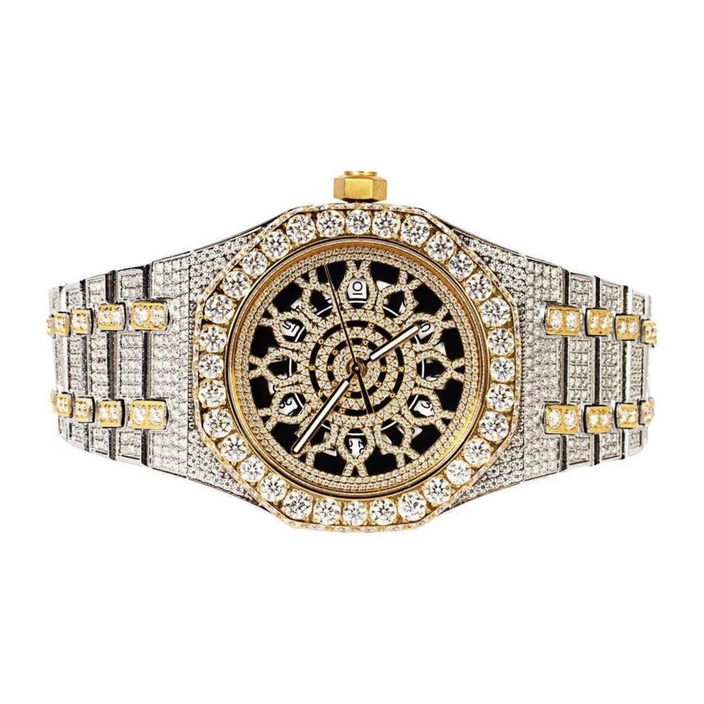 14K Two Tone Yellow Gold Stainless Steel 41MM Moissanite Skeleton Dial Men's Octagon Shape Designer Watch