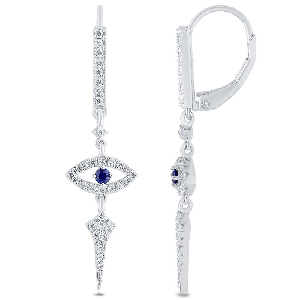 Evil Eye Sapphire Vision Diamond Drop Hoops - 14K White Gold
