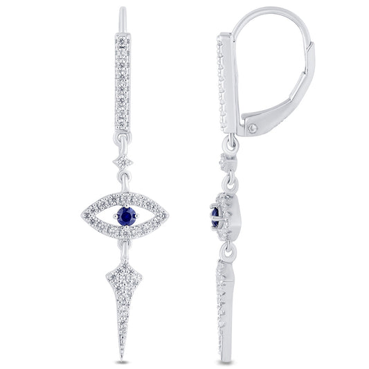 Evil Eye Sapphire Vision Diamond Drop Hoops - 14K White Gold