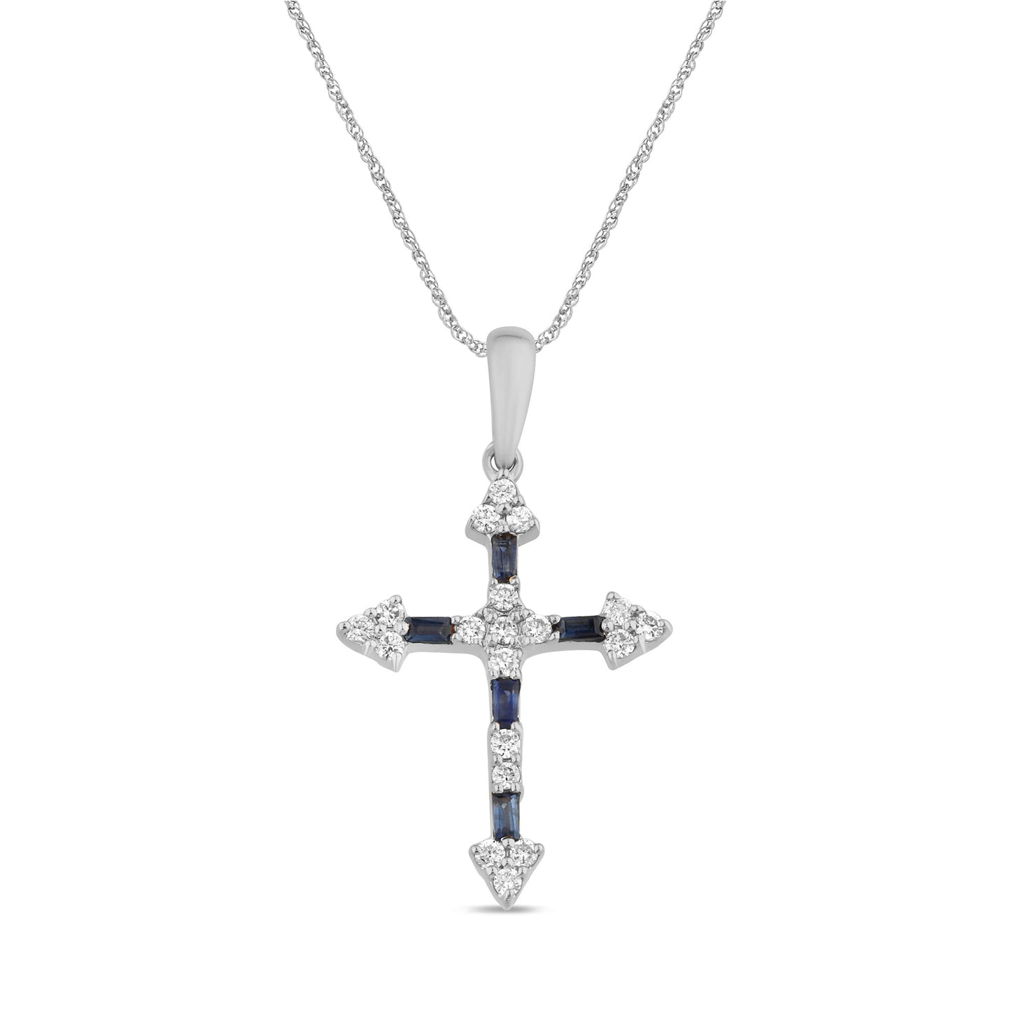 Diamond & Blue Sapphire Cross Pendant Necklace – 14K White Gold 18"