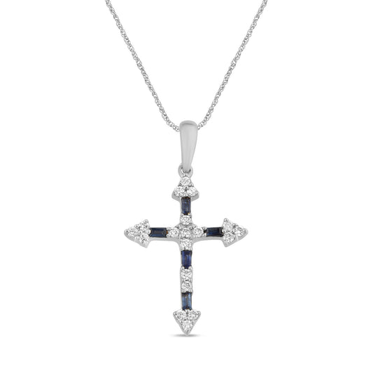 Diamond & Blue Sapphire Cross Pendant Necklace – 14K White Gold 18"