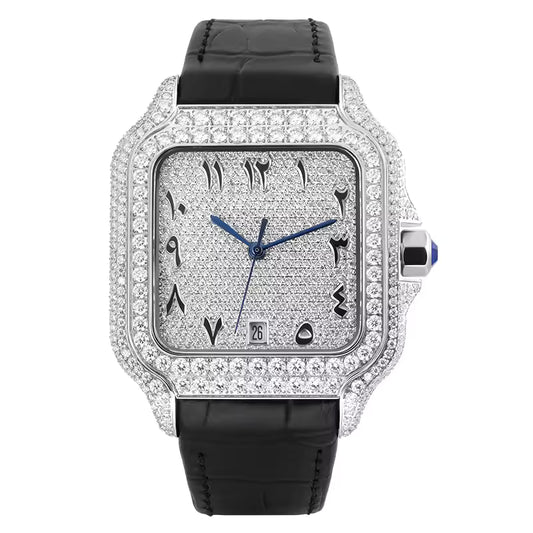 Square Body VVS1 Arabic Dial Moissanite Automatic Watch – Leather Band, Sapphire Crystal, Bust Down Stainless Steel
