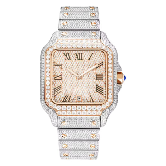 Full Bust Down Two-Tone White & Rose Gold VVS1 Moissanite Roman Dial Automatic Watch – Stainless Steel & Sapphire Crystal