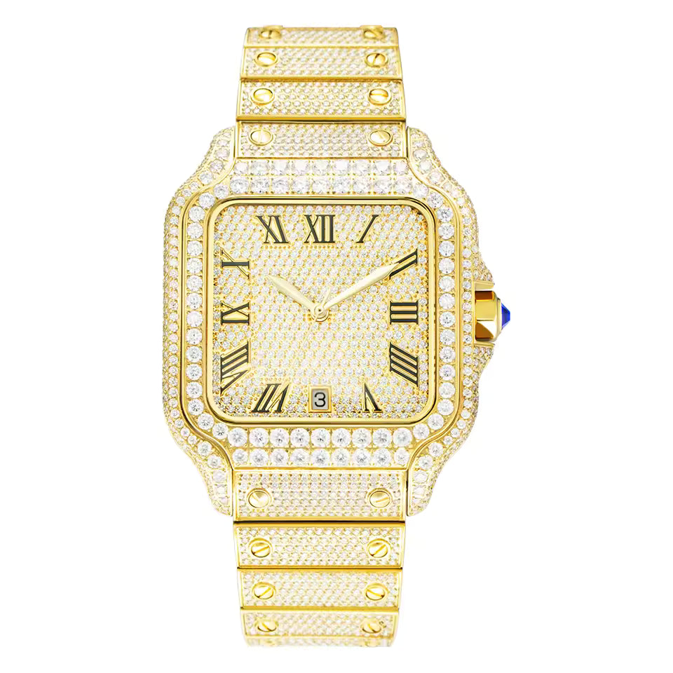 Full Bust Down Yellow Gold VVS1 Moissanite Roman Dial Automatic Watch  – Stainless Steel & Sapphire Crystal