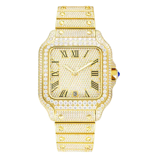 Full Bust Down Yellow Gold VVS1 Moissanite Roman Dial Automatic Watch  – Stainless Steel & Sapphire Crystal