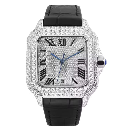 Square Body VVS1 Roman Dial Moissanite Automatic Watch – Leather Band, Sapphire Crystal, Bust Down Stainless Steel