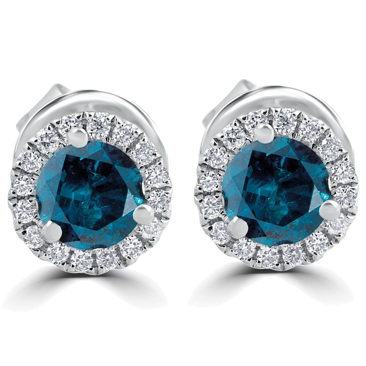 1CT Blue Diamond Halo Studs - 10K White Gold