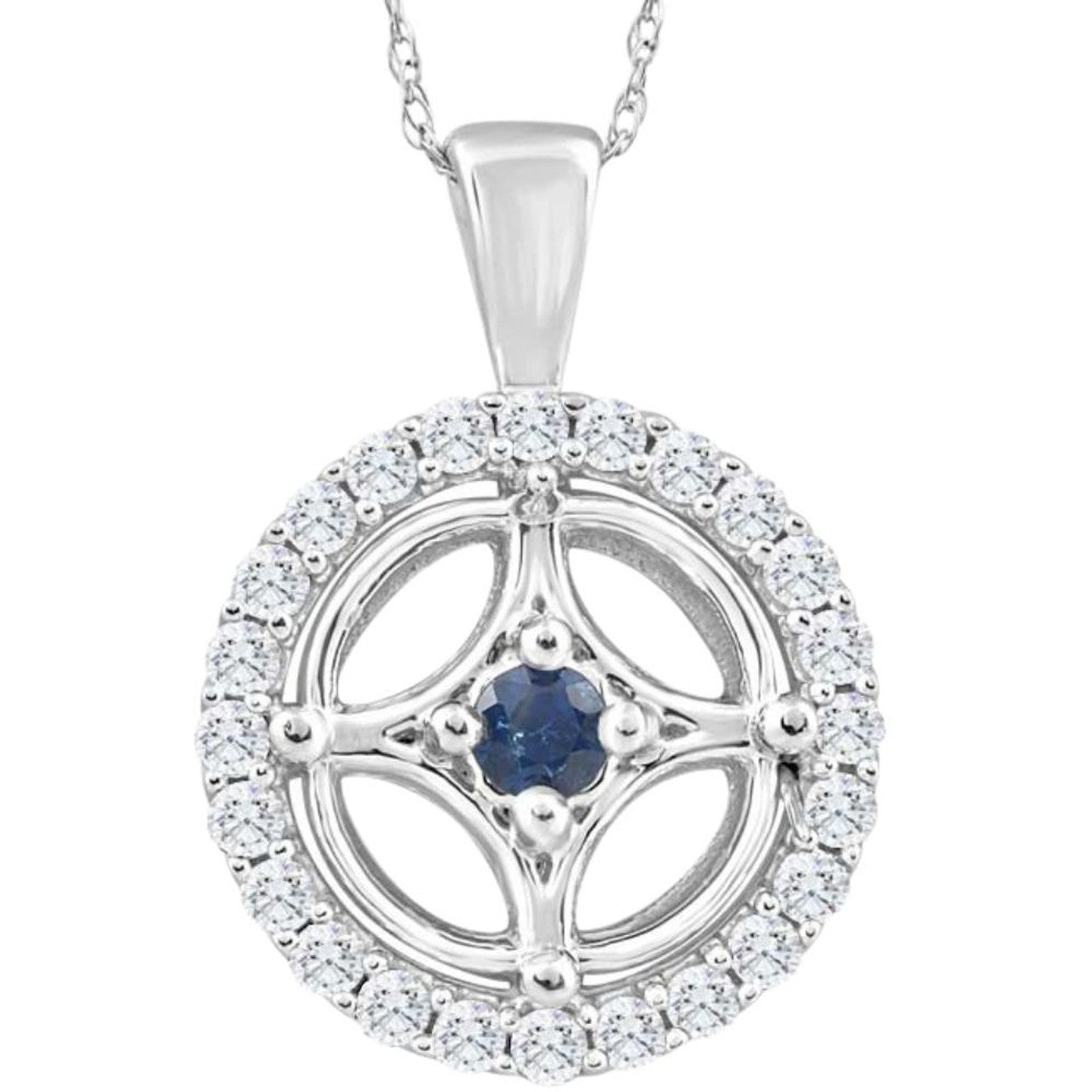 Central Blue Sapphire & Diamond Circle Pendant Necklace 18" - 10 White Gold