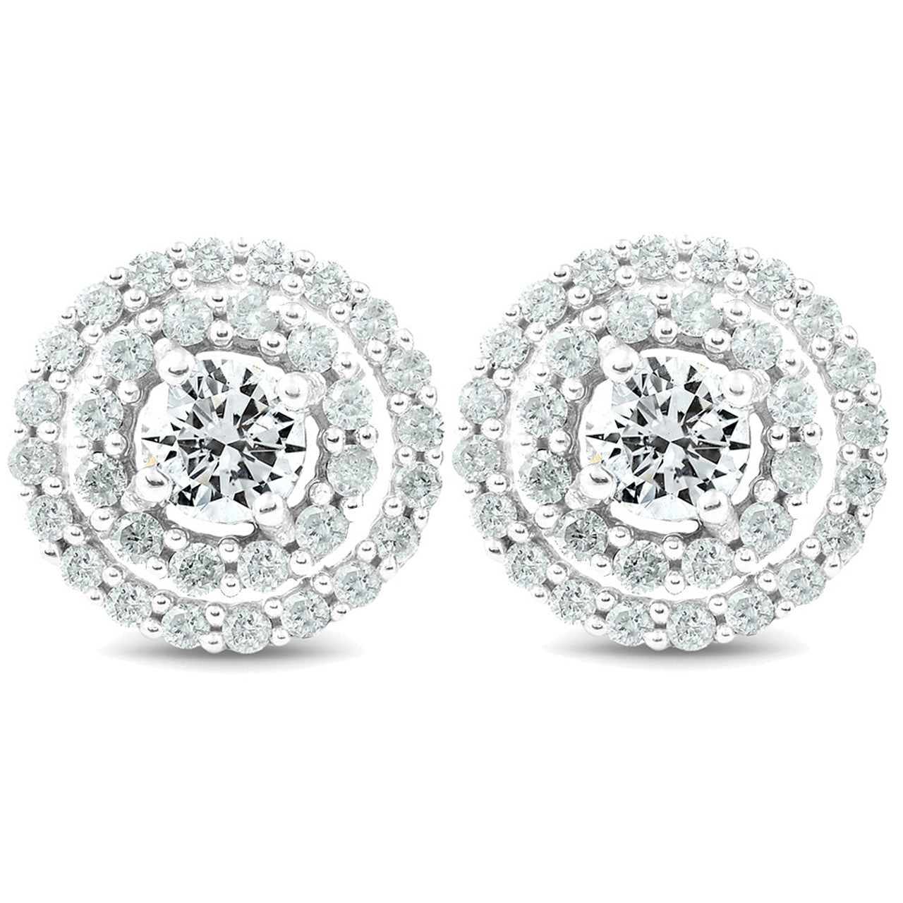 Double Halo Diamond Stud Earrings - 10K White Gold