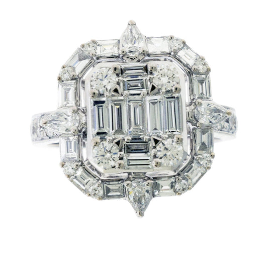Elegant Designer Baguette & Round Diamond Ring - 18K White Gold