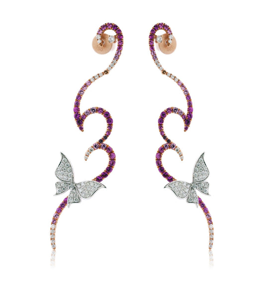 Connoisseurs Delight Pink Sapphire & Diamond Dangle Butterfly Earrings -18K White Gold