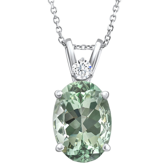 Oval Green Amethyst & Natural Diamond Pendant Necklace 18" - 10K White Gold