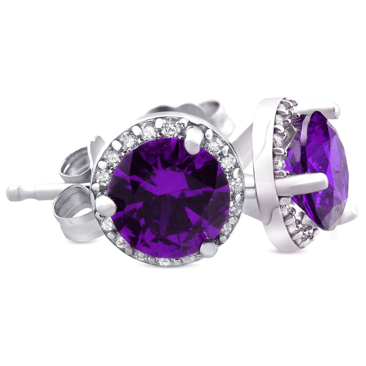 Amethyst Diamond Halo Earrings - 10K White Gold